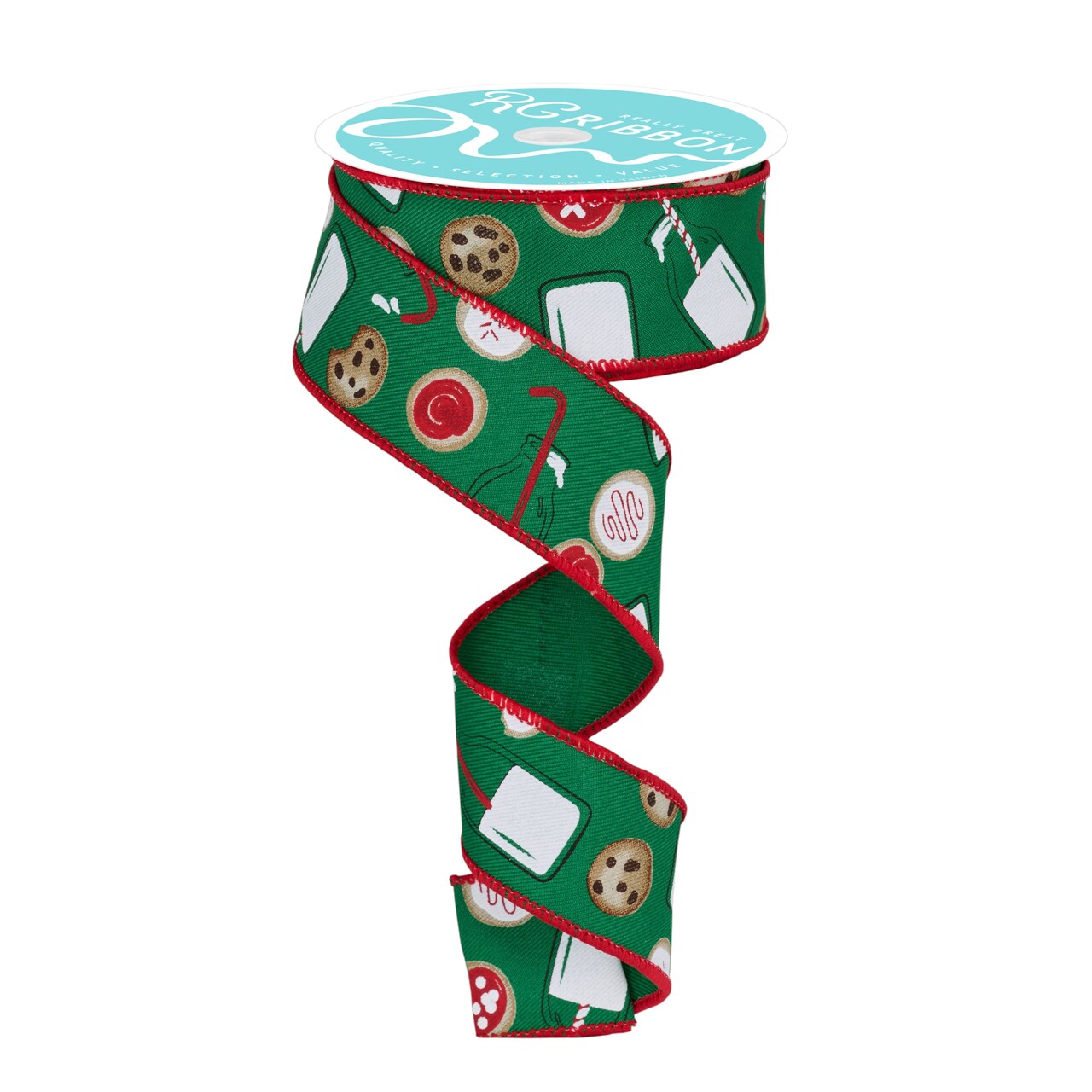 RG Ribbon: 1.5" Milk and Cookies Wired Ribbon - 10 Yards - Green, Red, Multi - For Christmas Bows, Wreaths, Crafts, and Decorations